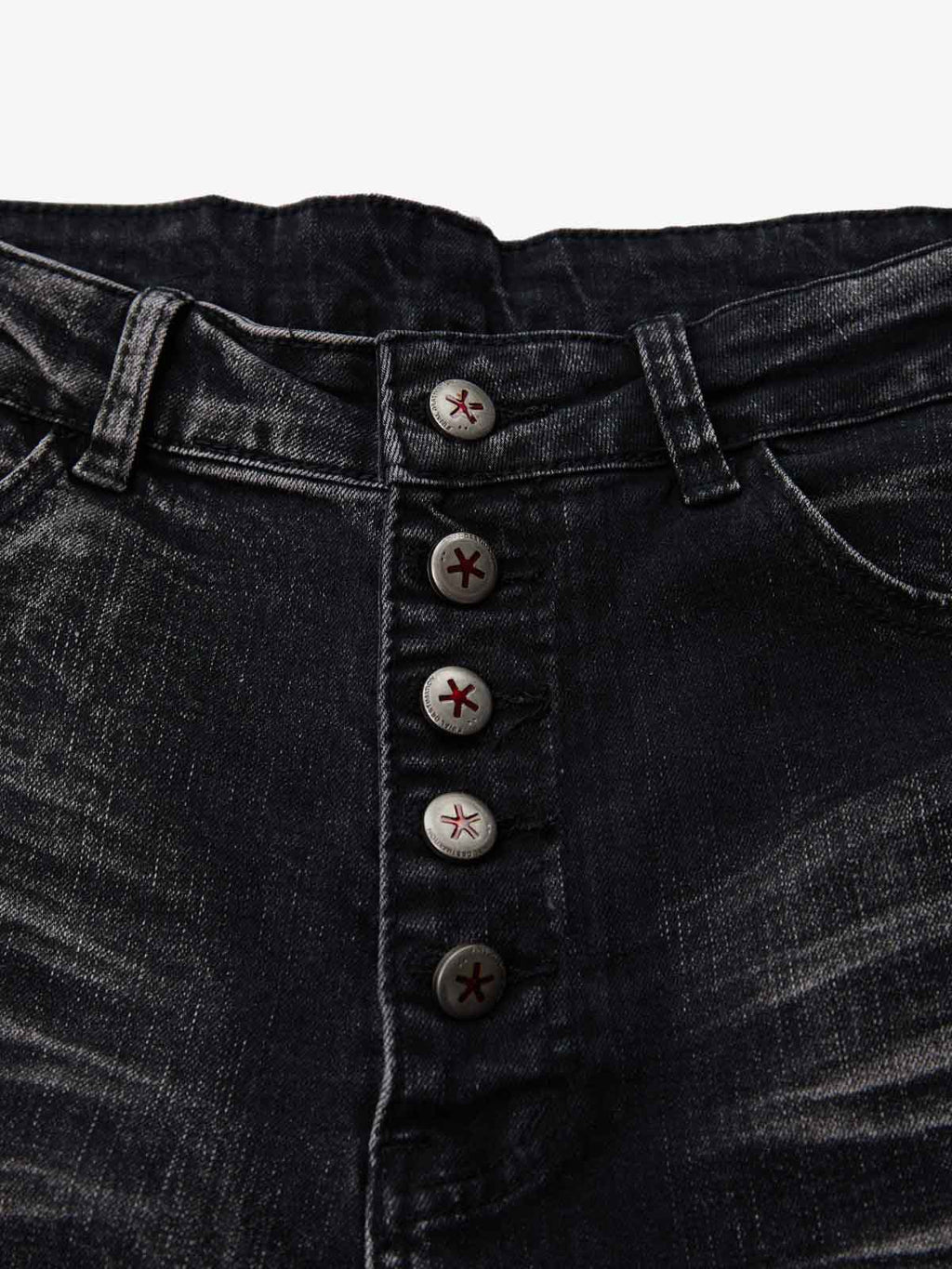 Vintage Distressed Button Fly Ruched Panel Flared Jeans