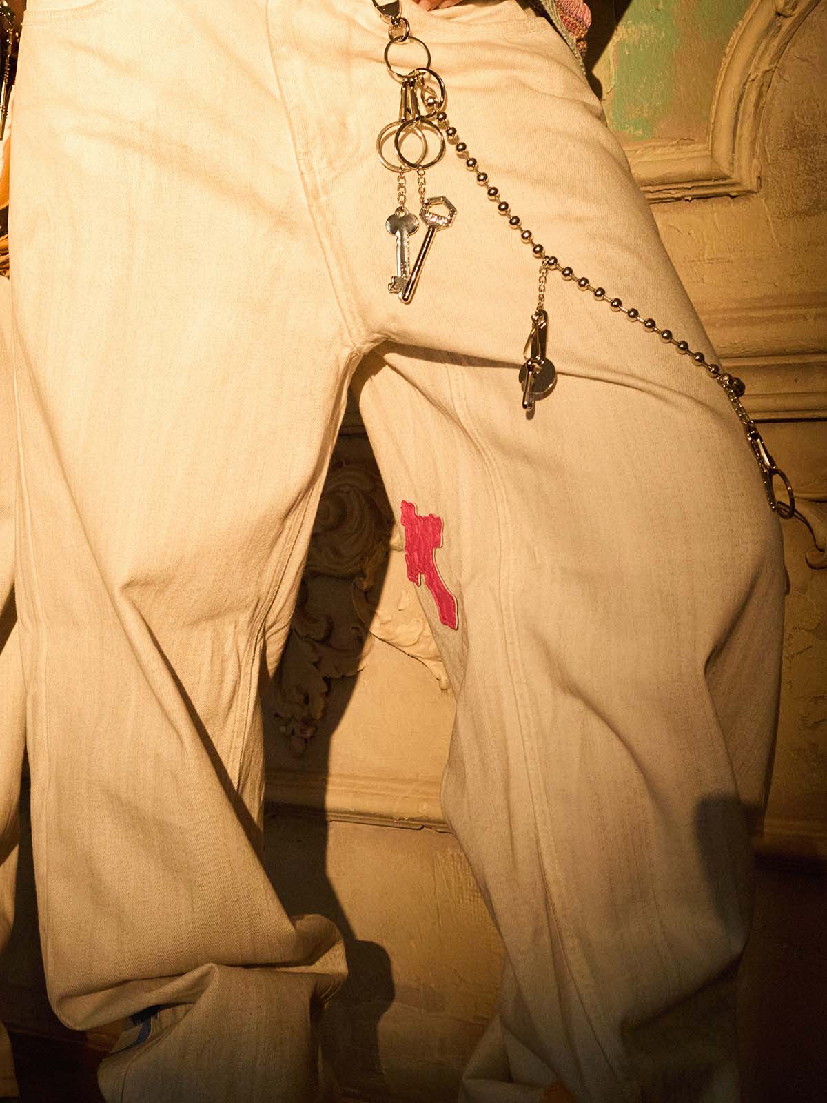 Colorful Cross Patch Straight Leg with Detachable Chain Jeans