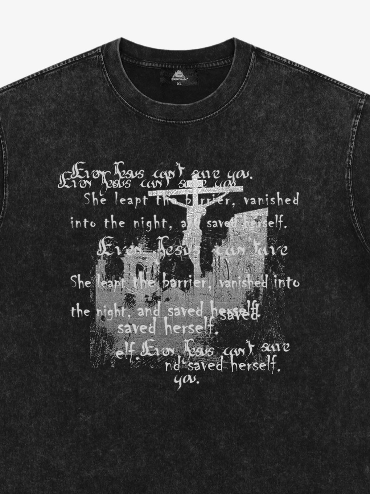 Washed Cross Overlay Text Graphic T-Shirt