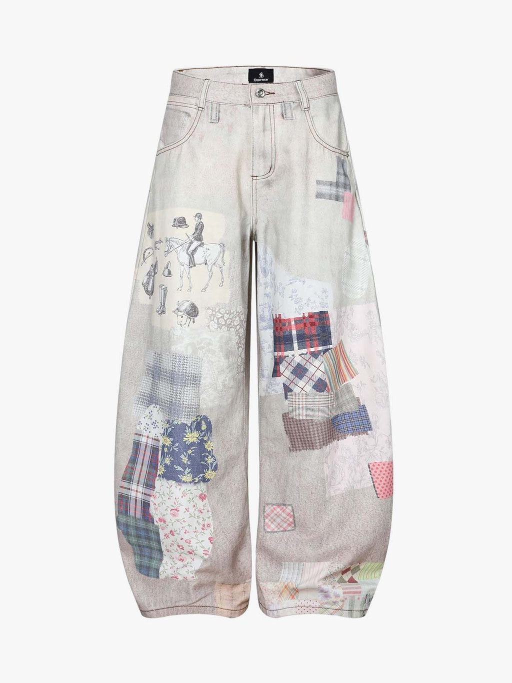 Vintage Wash Collage Print Curved Leg Denim Jeans