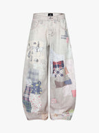Vintage Wash Collage Print Curved Leg Denim Jeans