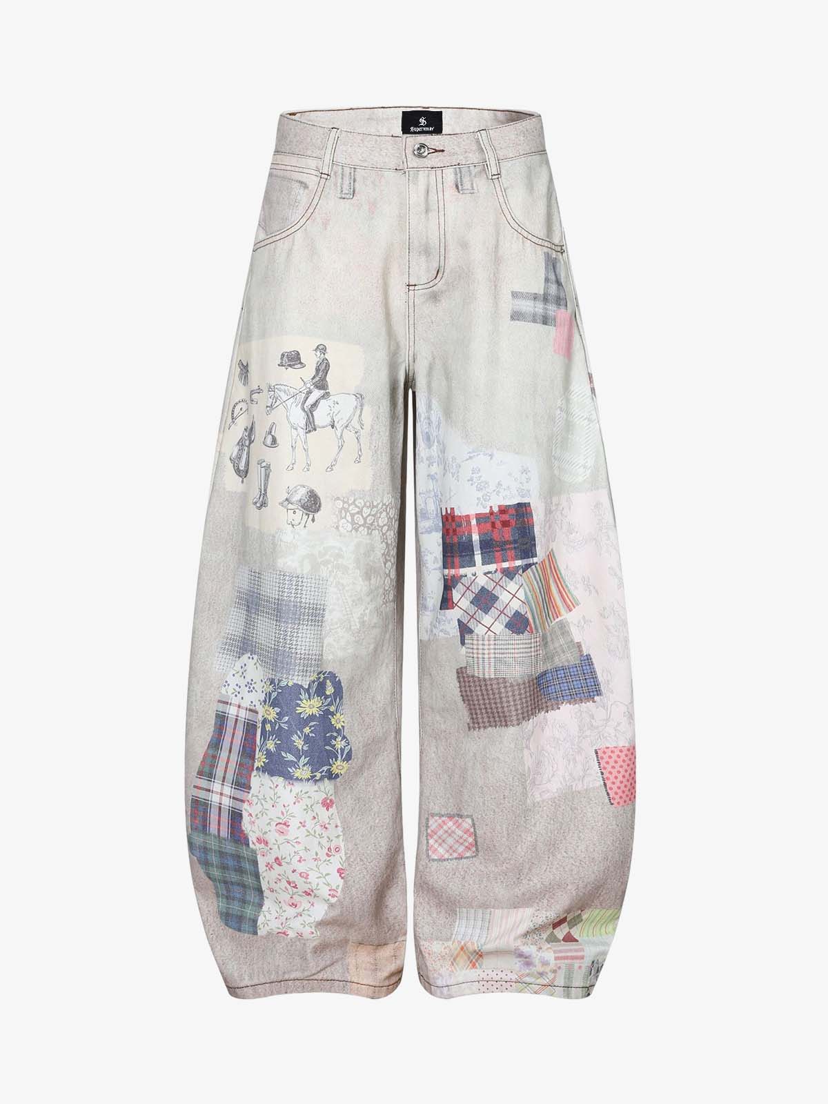 Vintage Wash Collage Print Curved Leg Denim Jeans