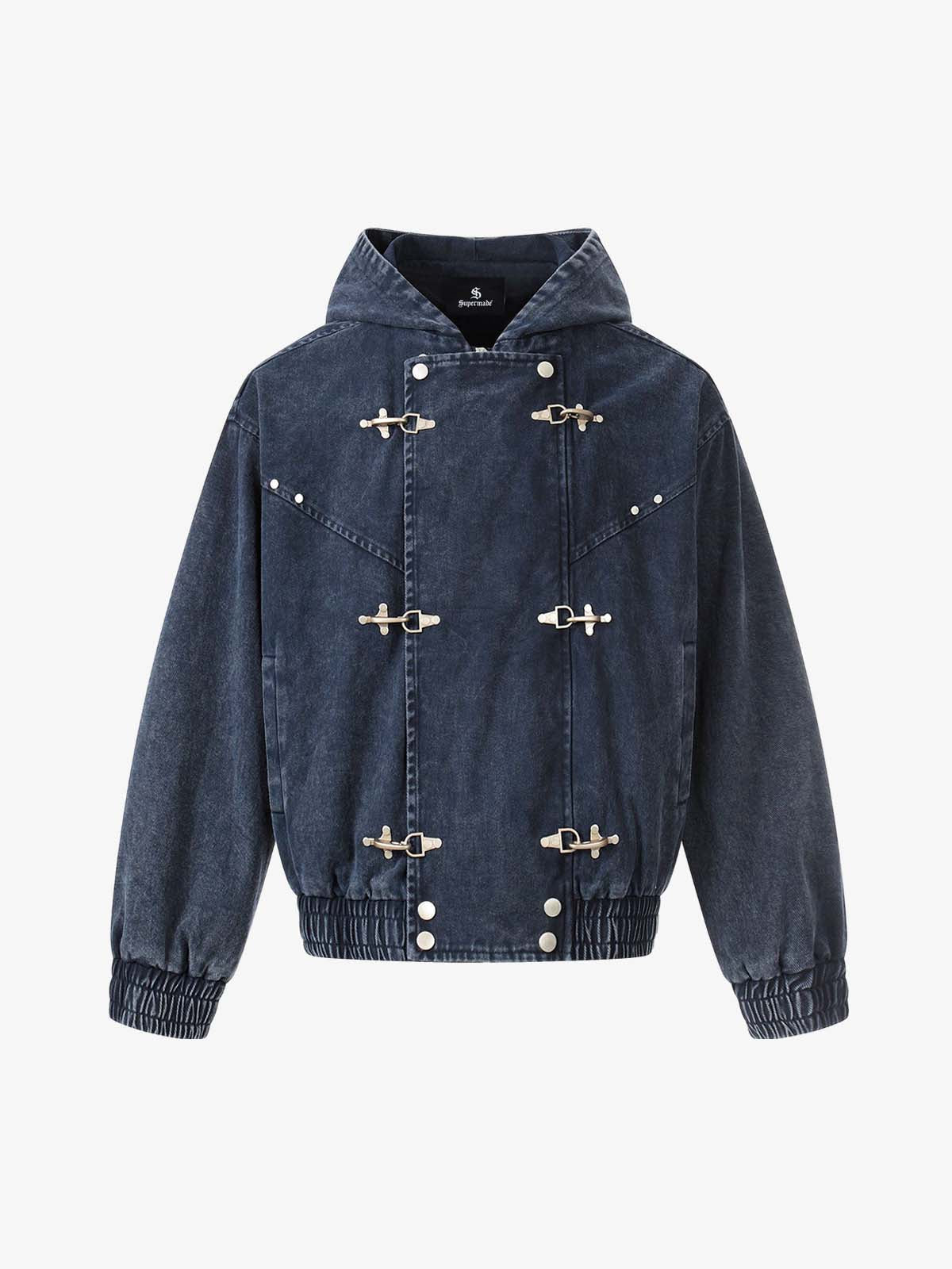 Washed Denim Metal Toggle Clasp Hooded Jacket