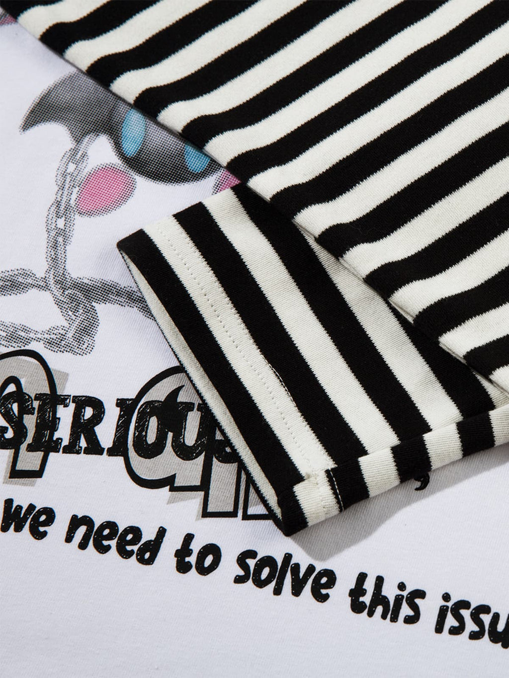 Cartoon Print Striped Sleeve Faux Two-Piece Long-Sleeve T-Shirt