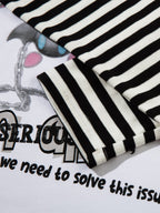 Cartoon Print Striped Sleeve Faux Two-Piece Long-Sleeve T-Shirt
