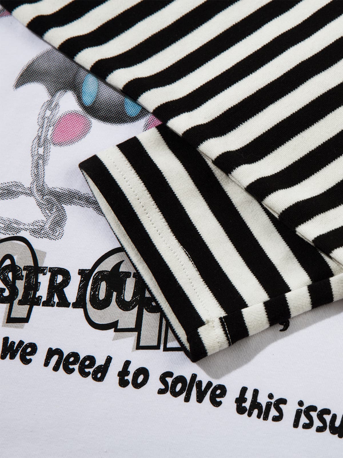 Cartoon Print Striped Sleeve Faux Two-Piece Long-Sleeve T-Shirt