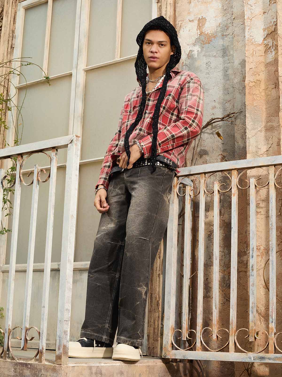 Paint Splatter Plaid Frayed Hem Button Up Shirt