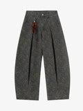 Leopard Pleated Wide Leg Denim Barrel Jeans