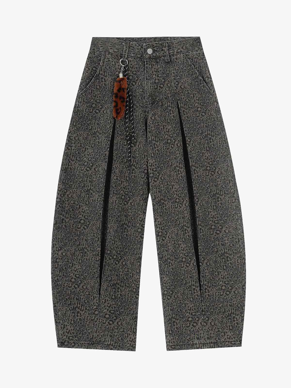 Leopard Pleated Wide Leg Denim Barrel Jeans
