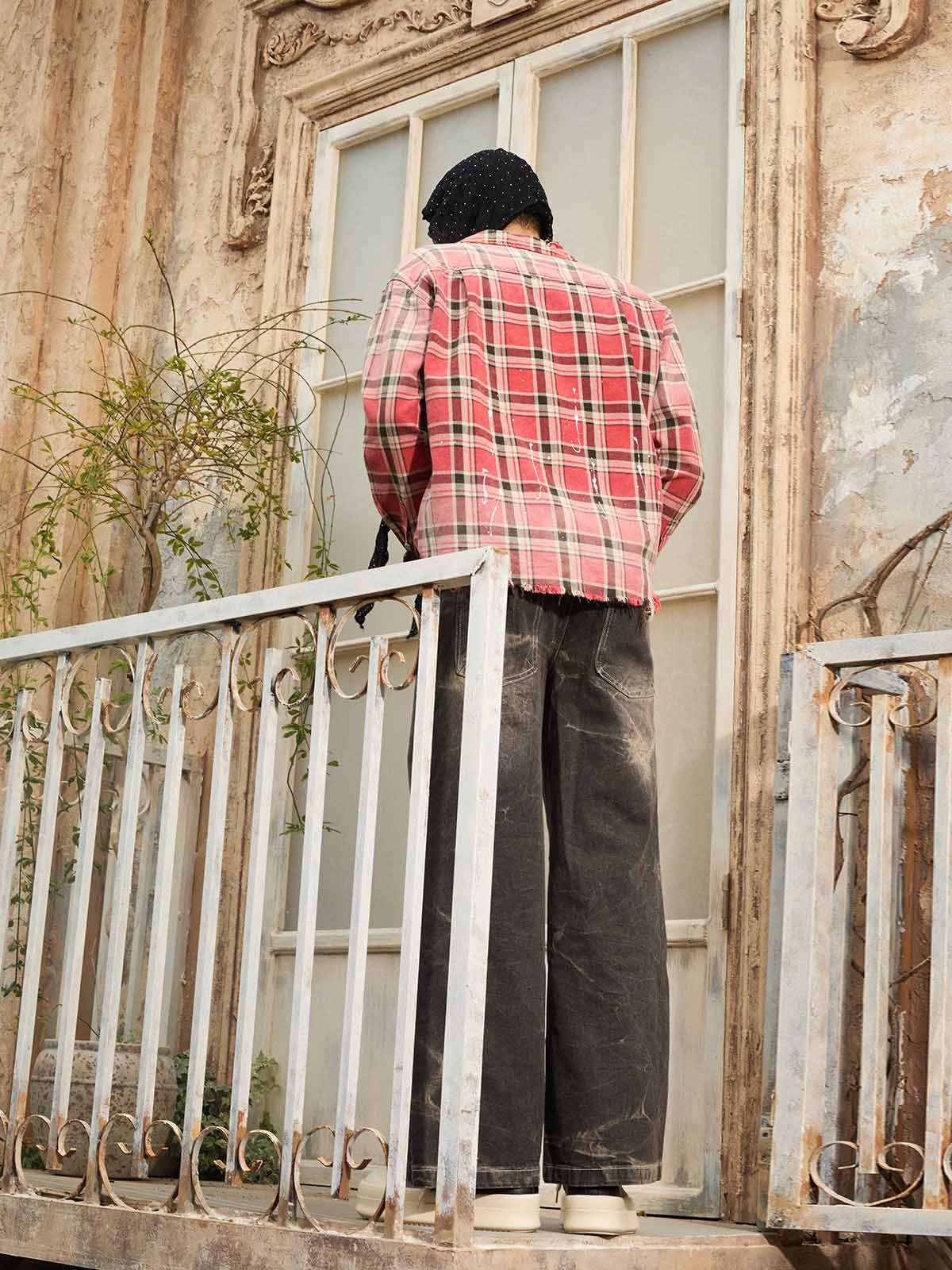 Paint Splatter Plaid Frayed Hem Button Up Shirt