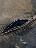 Vintage Washed Distressed Denim Zip Up Jacket