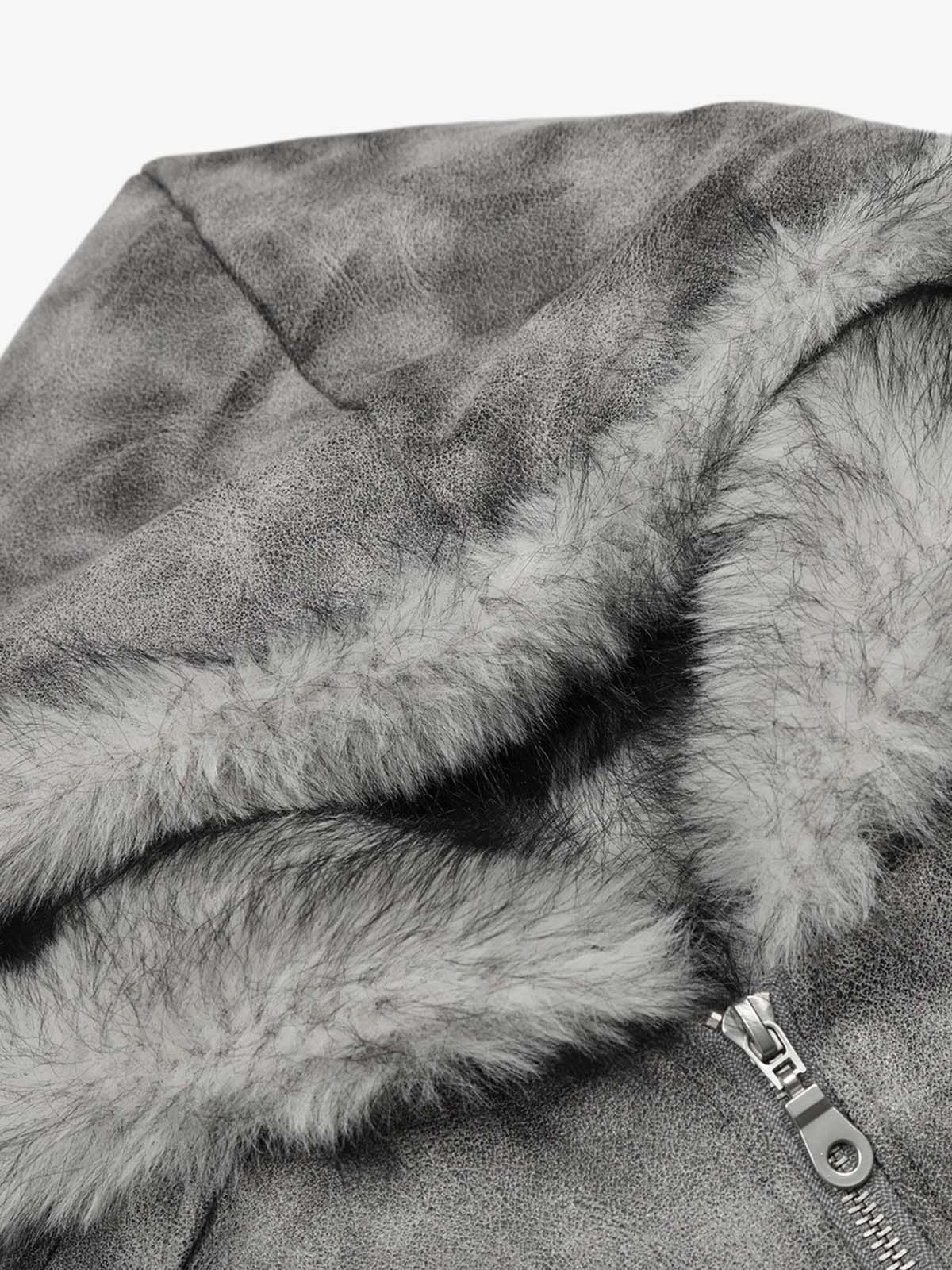 Faux Suede Vintage Wash Fur Hood Padded Jacket - 2553