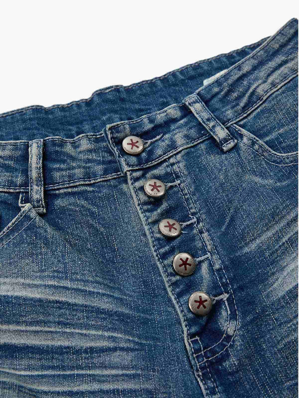Vintage Distressed Button Fly Ruched Panel Flared Jeans