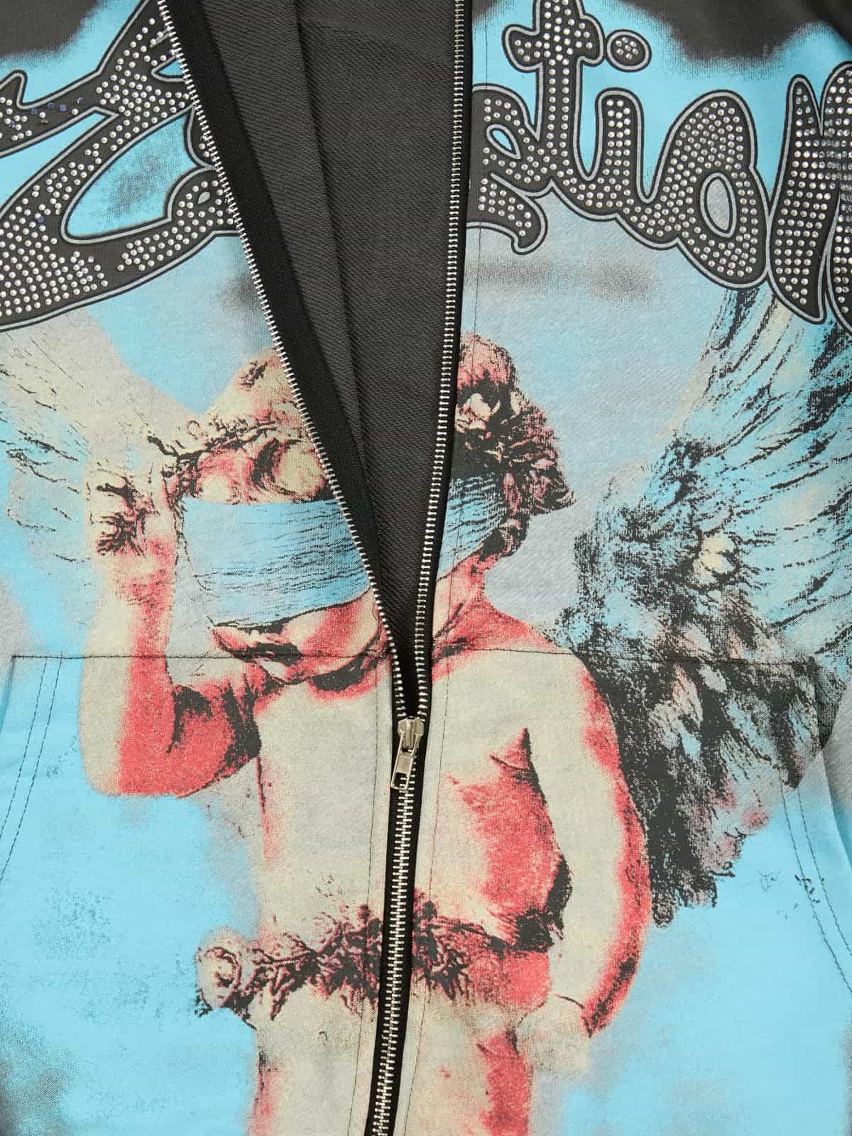 Vintage Blindfolded Angel Rhinestone Zip-Up Hoodie