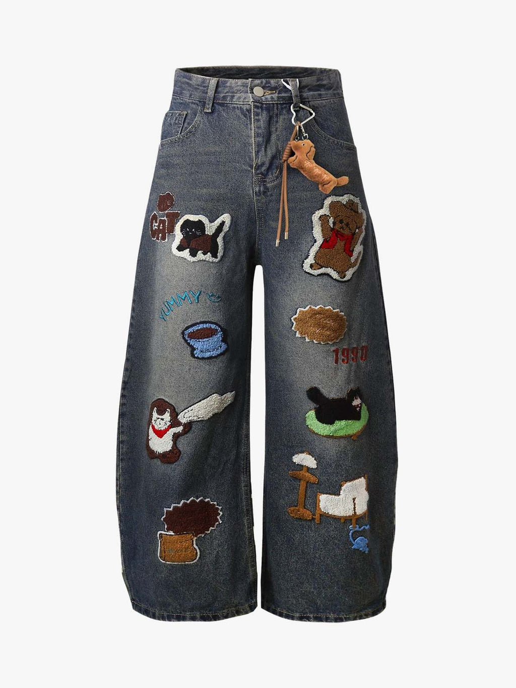 Retro Cartoon Graphic Heavy Embroidery Barrel Jeans - 2562