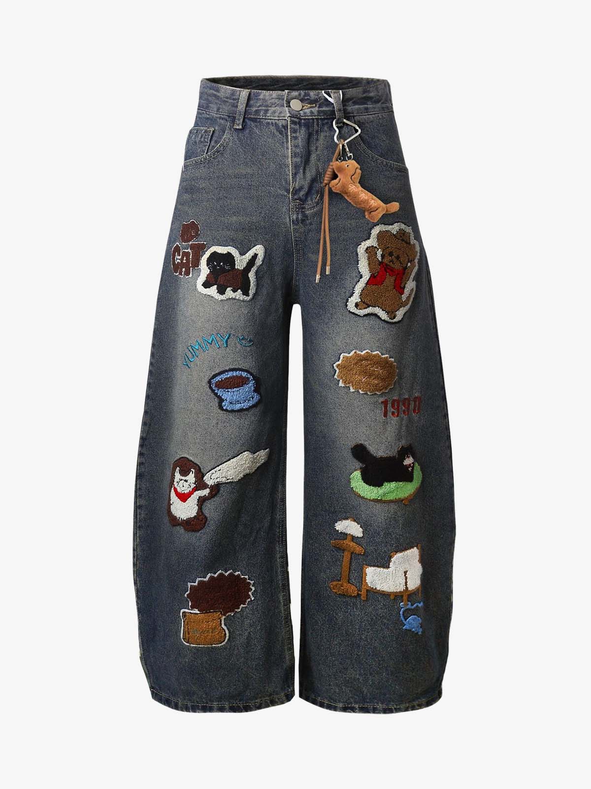 Retro Cartoon Graphic Heavy Embroidery Barrel Jeans - 2562