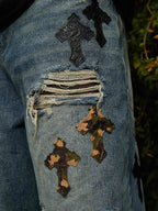 Vintage Wash Camo Cross Applique Distressed Straight Jeans