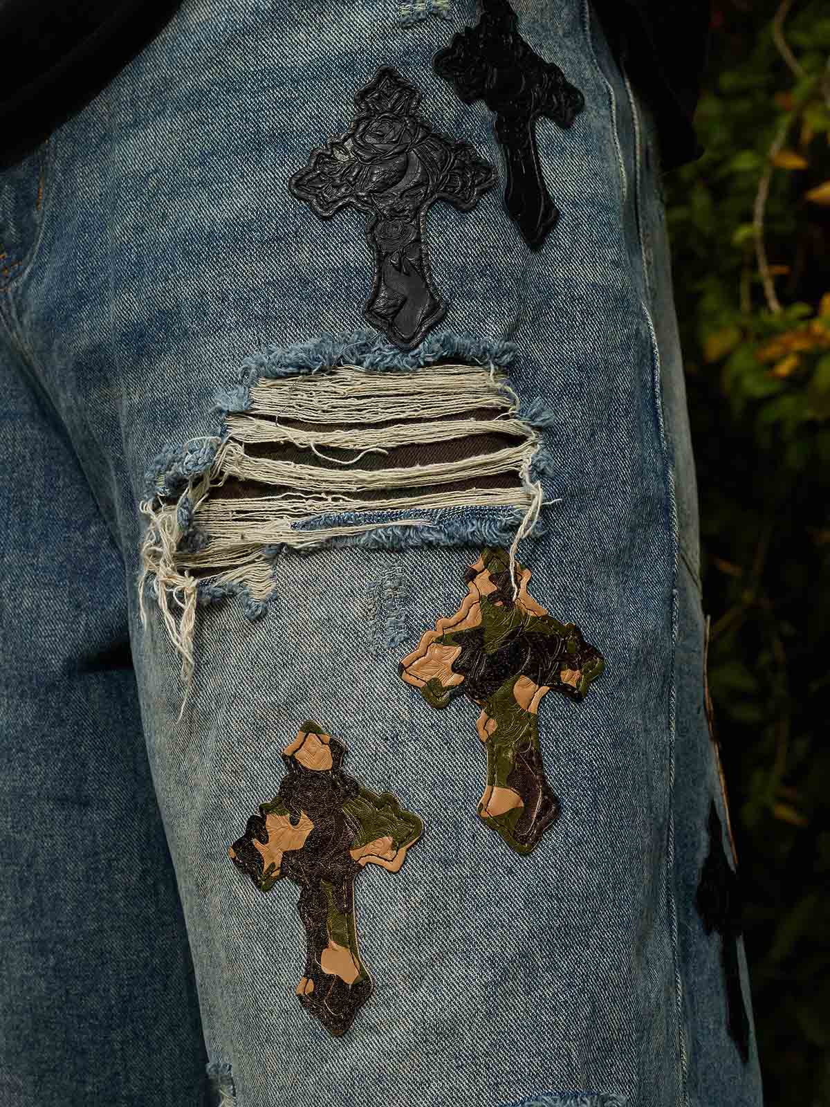 Vintage Wash Camo Cross Applique Distressed Straight Jeans