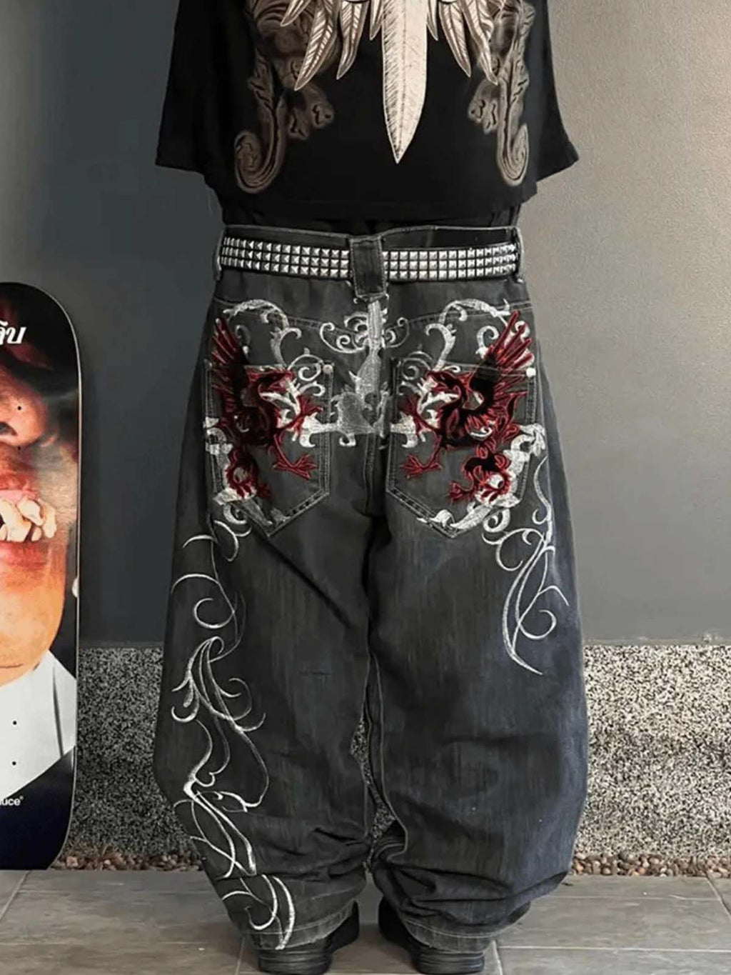 Dragon Embroidery Gothic Wide Leg Jeans