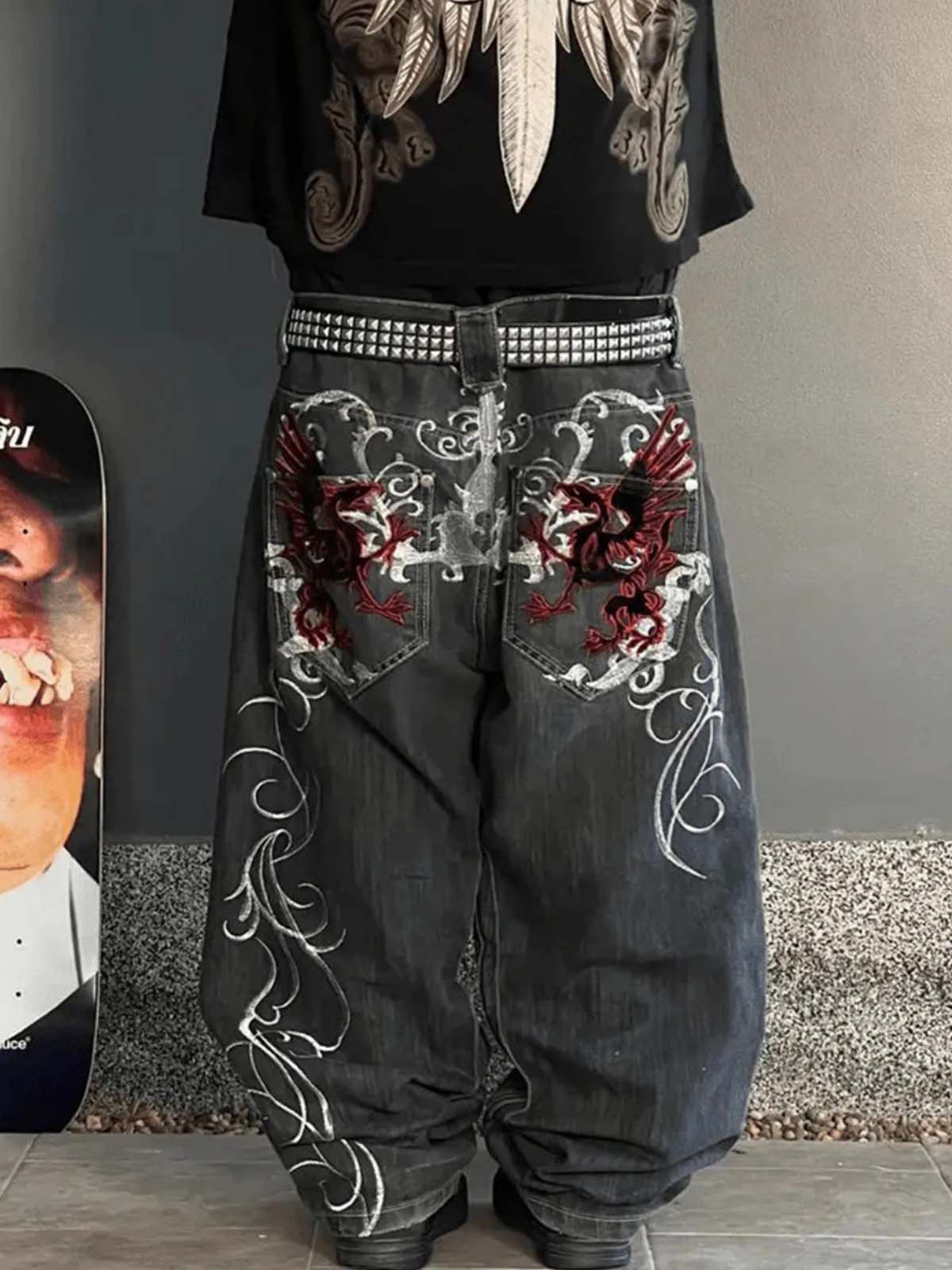 Dragon Embroidery Gothic Wide Leg Jeans