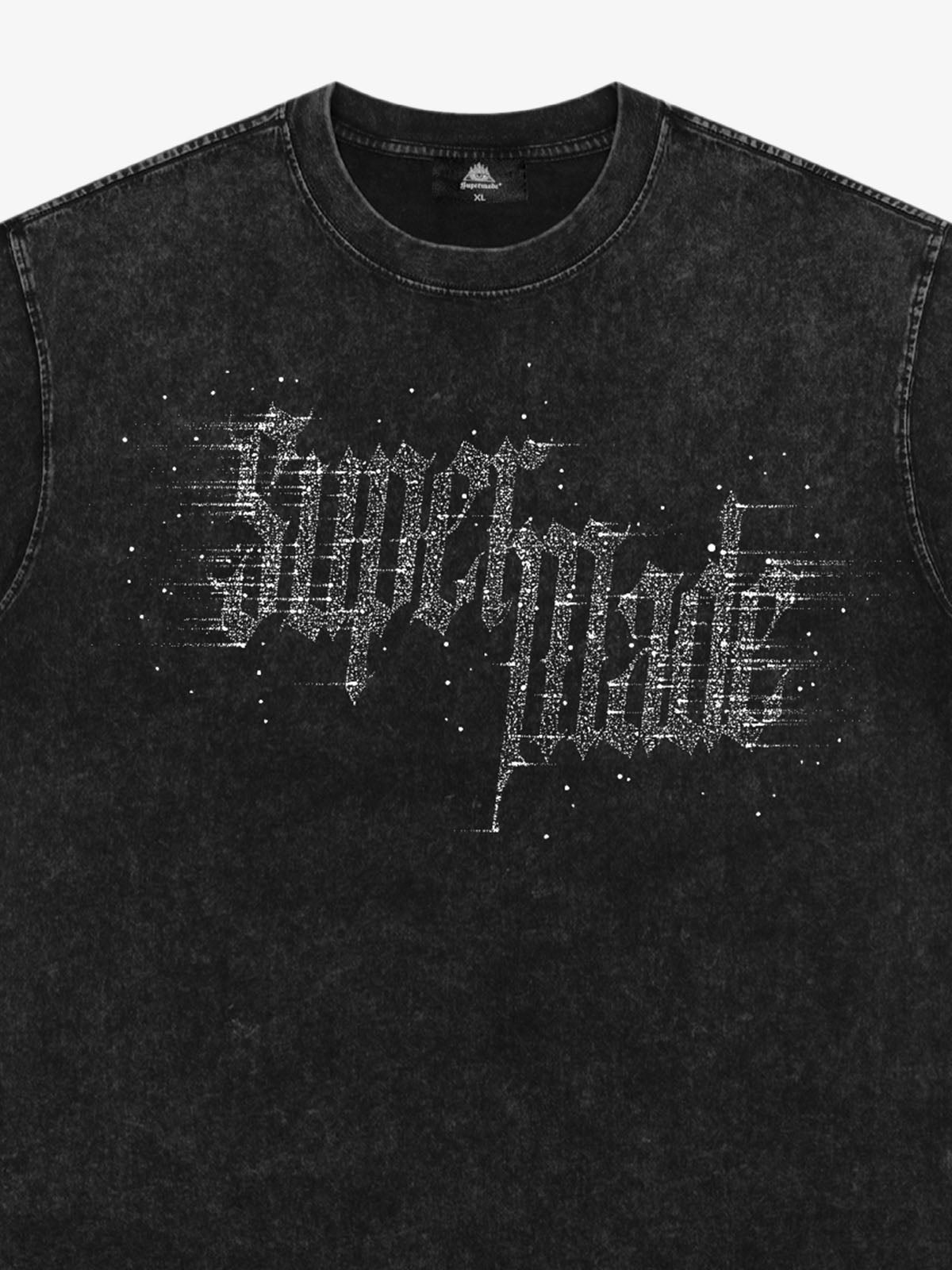 Washed Gothic Letter Imitation Diamond T-Shirt