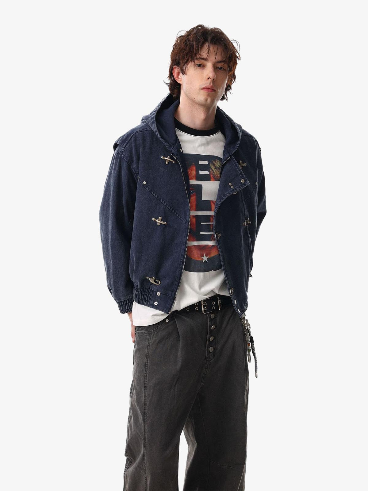 Washed Denim Metal Toggle Clasp Hooded Jacket