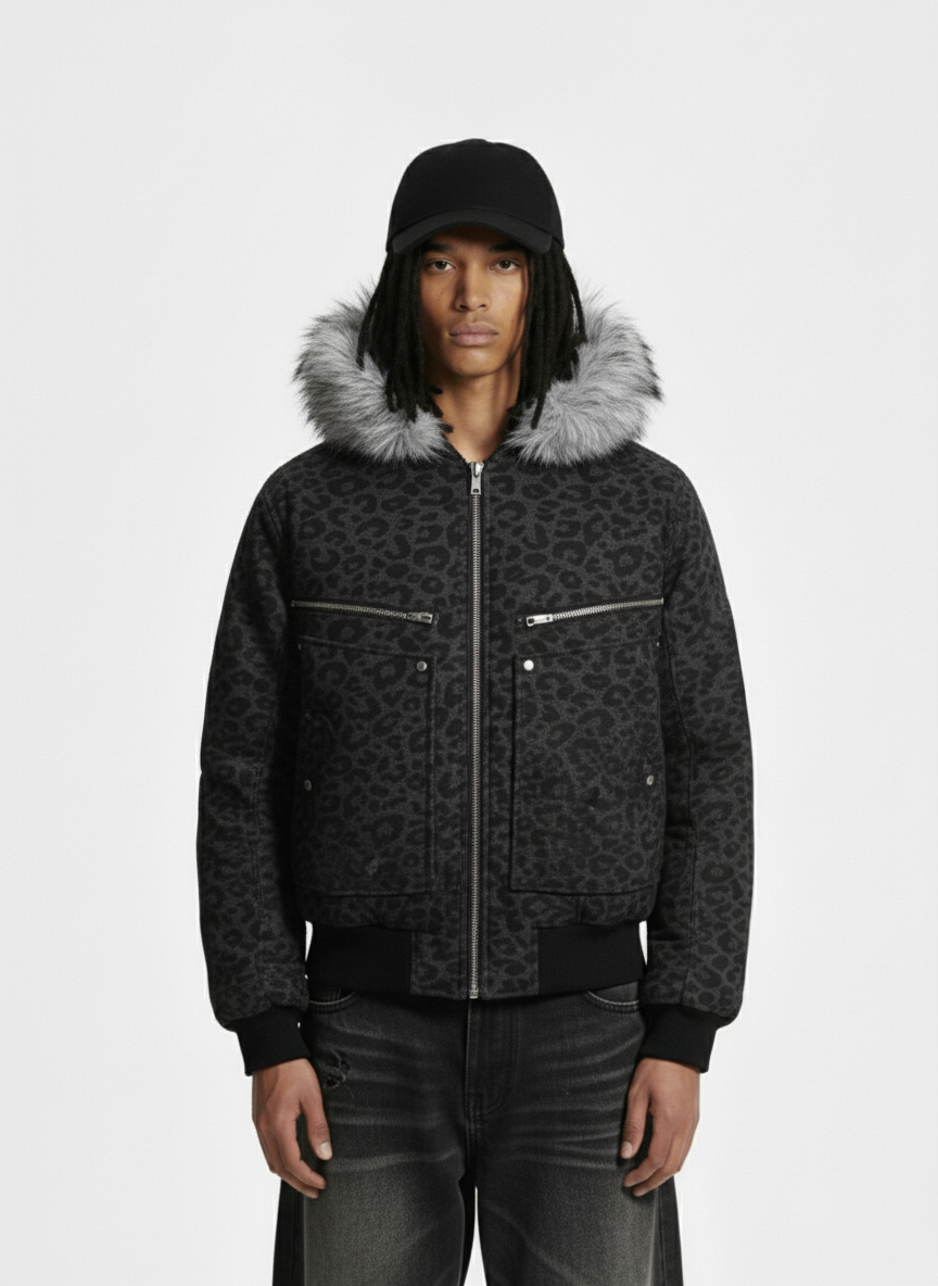 Retro Faux Fur Trimmed Hood Leopard Print Bomber Jacket