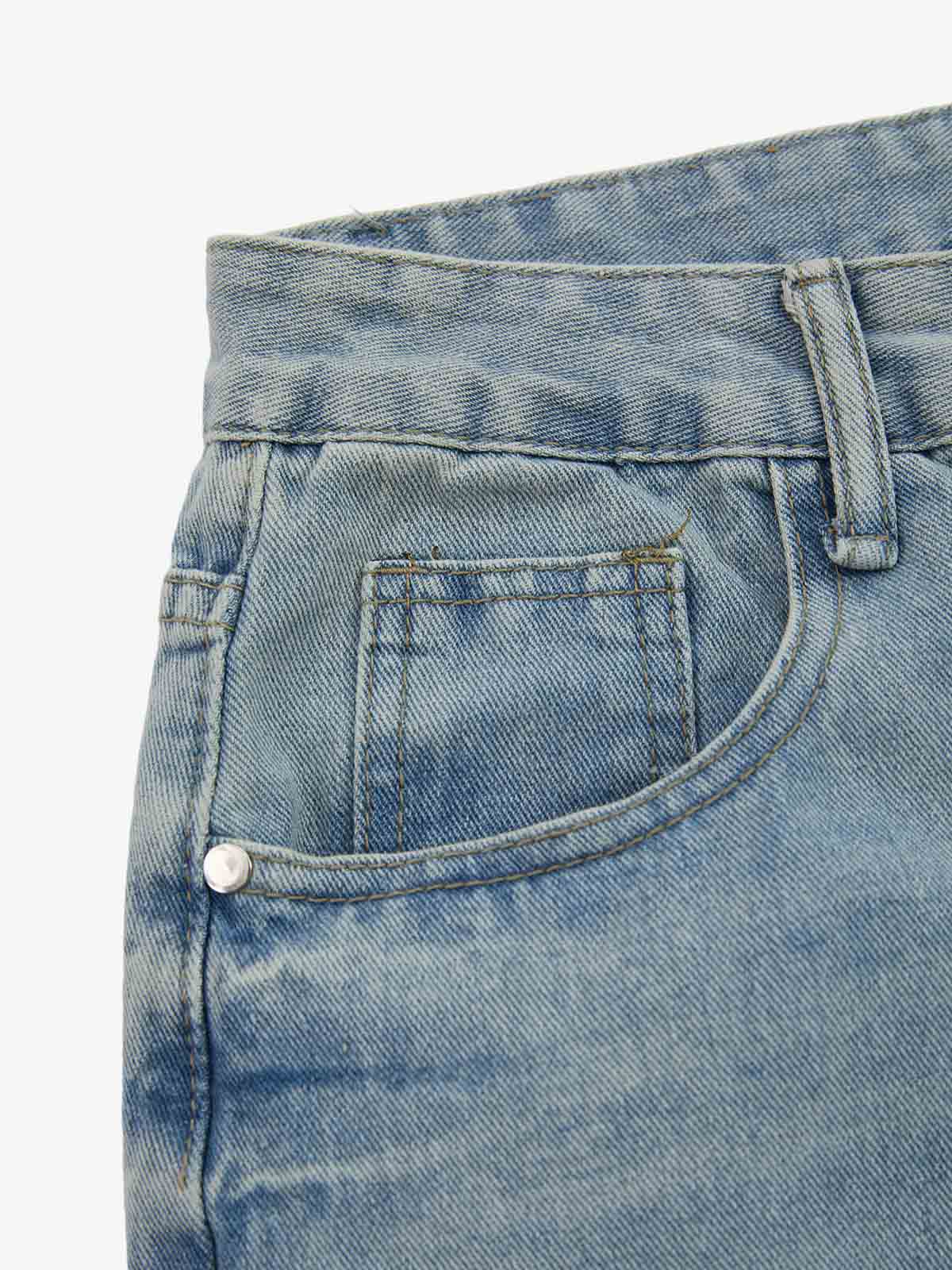 Distressed Studded Embroidery Washed Wide Leg Jeans