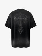 Acid Wash Gothic Cross Spine Graphic Distressed T-Shirt - 2604