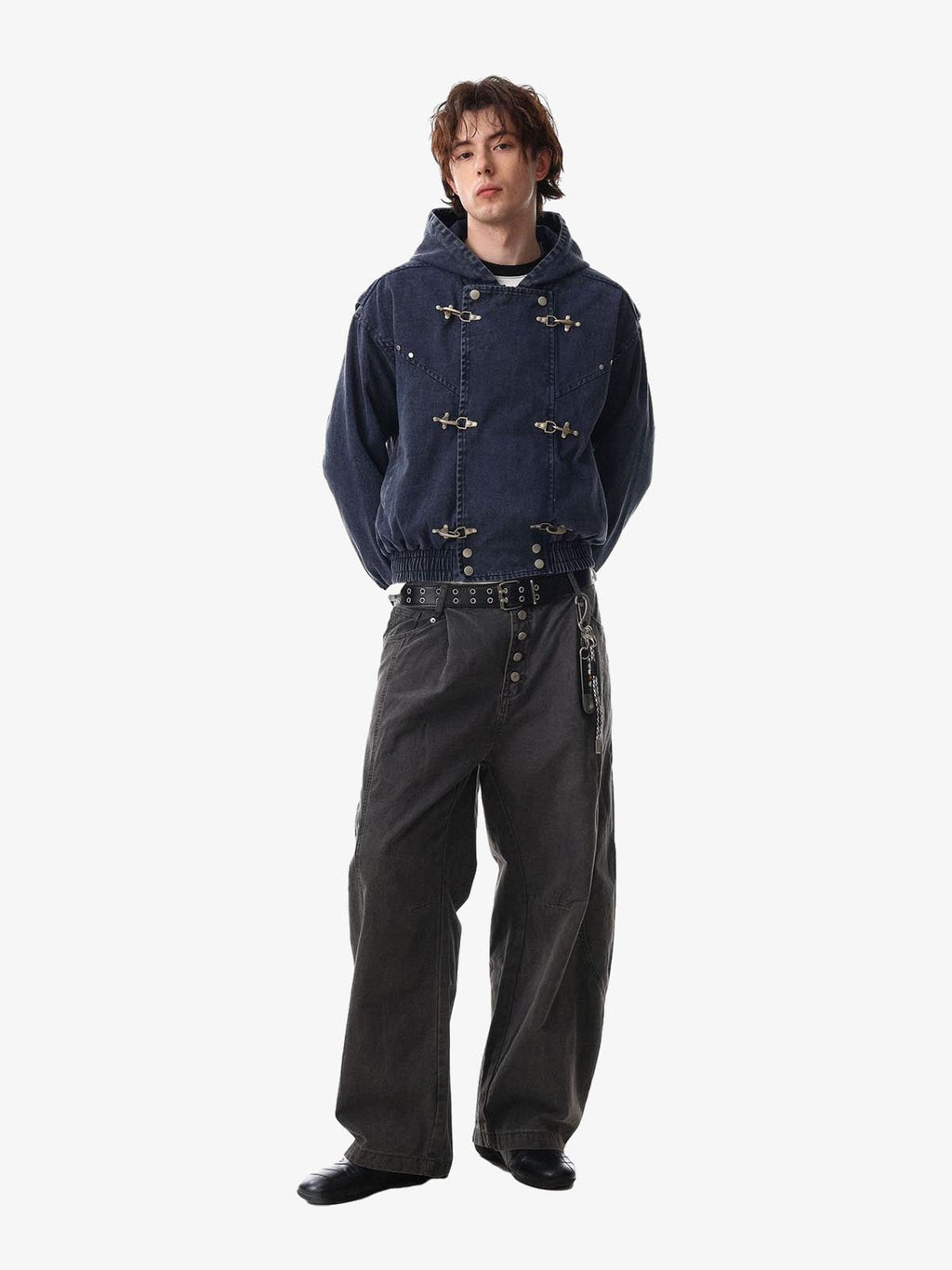 Washed Denim Metal Toggle Clasp Hooded Jacket