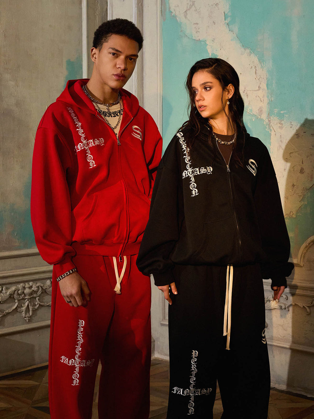 Gothic Letter Cross Embroidery Zip Up Hoodie and Sweatpants Set