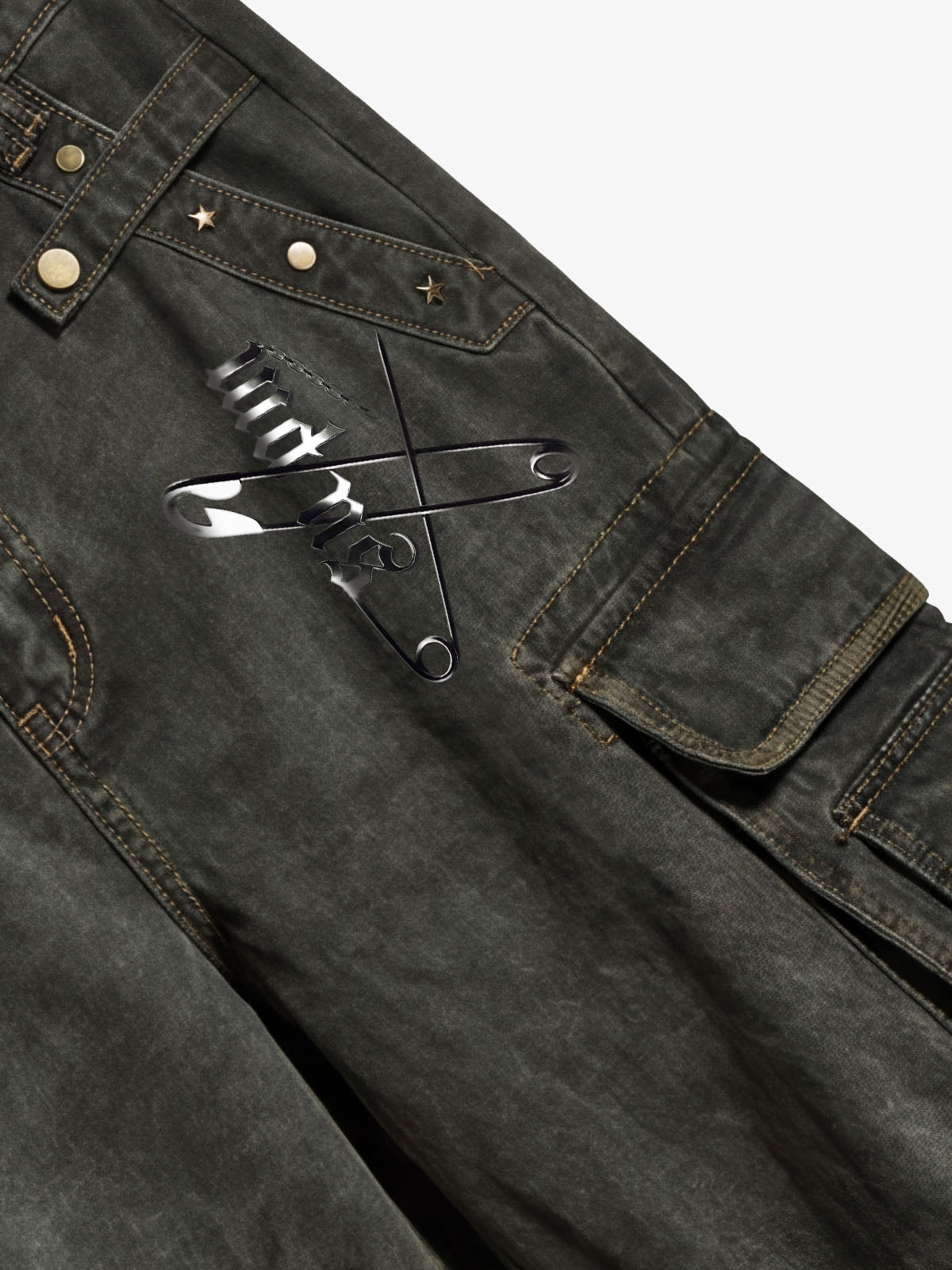 Washed Safety Pin Graphic Cargo Pants