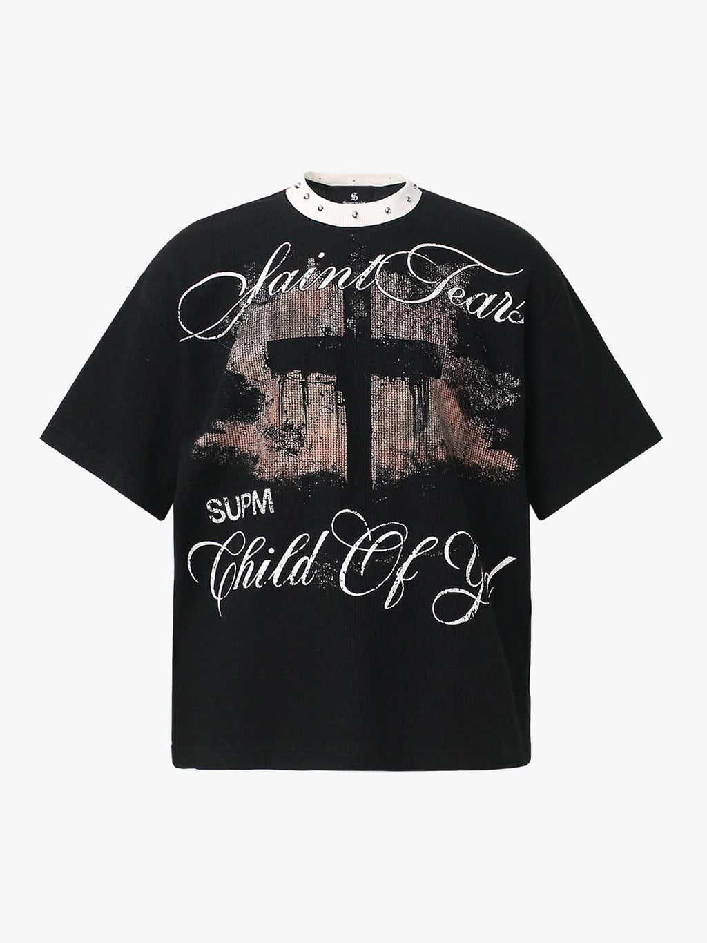 Gothic Cross Print Studded Collar Waffle Knit Graphic T-Shirt
