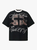 Gothic Cross Print Studded Collar Waffle Knit Graphic T-Shirt
