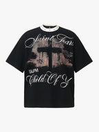 Gothic Cross Print Studded Collar Waffle Knit Graphic T-Shirt