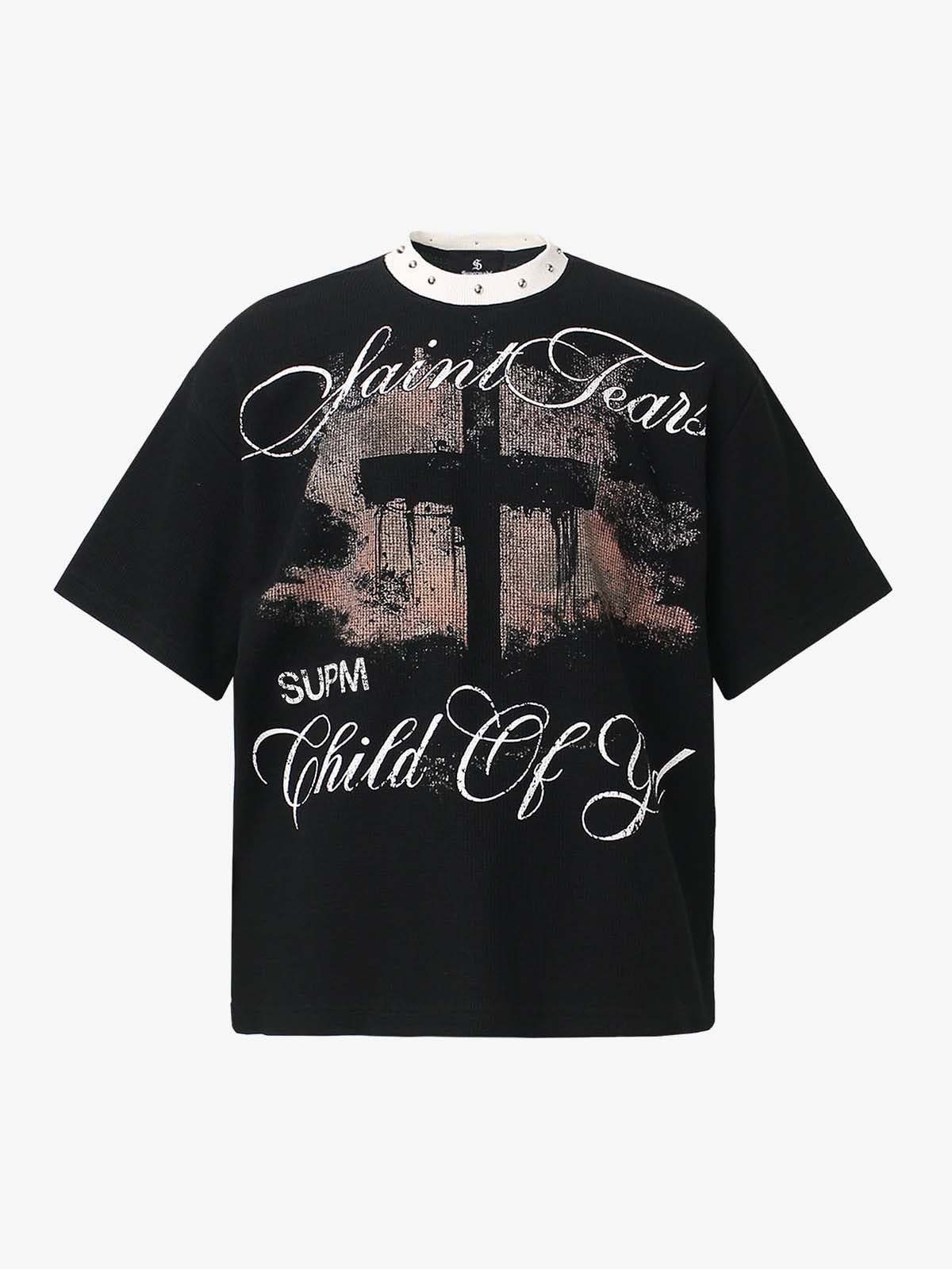 Gothic Cross Print Studded Collar Waffle Knit Graphic T-Shirt