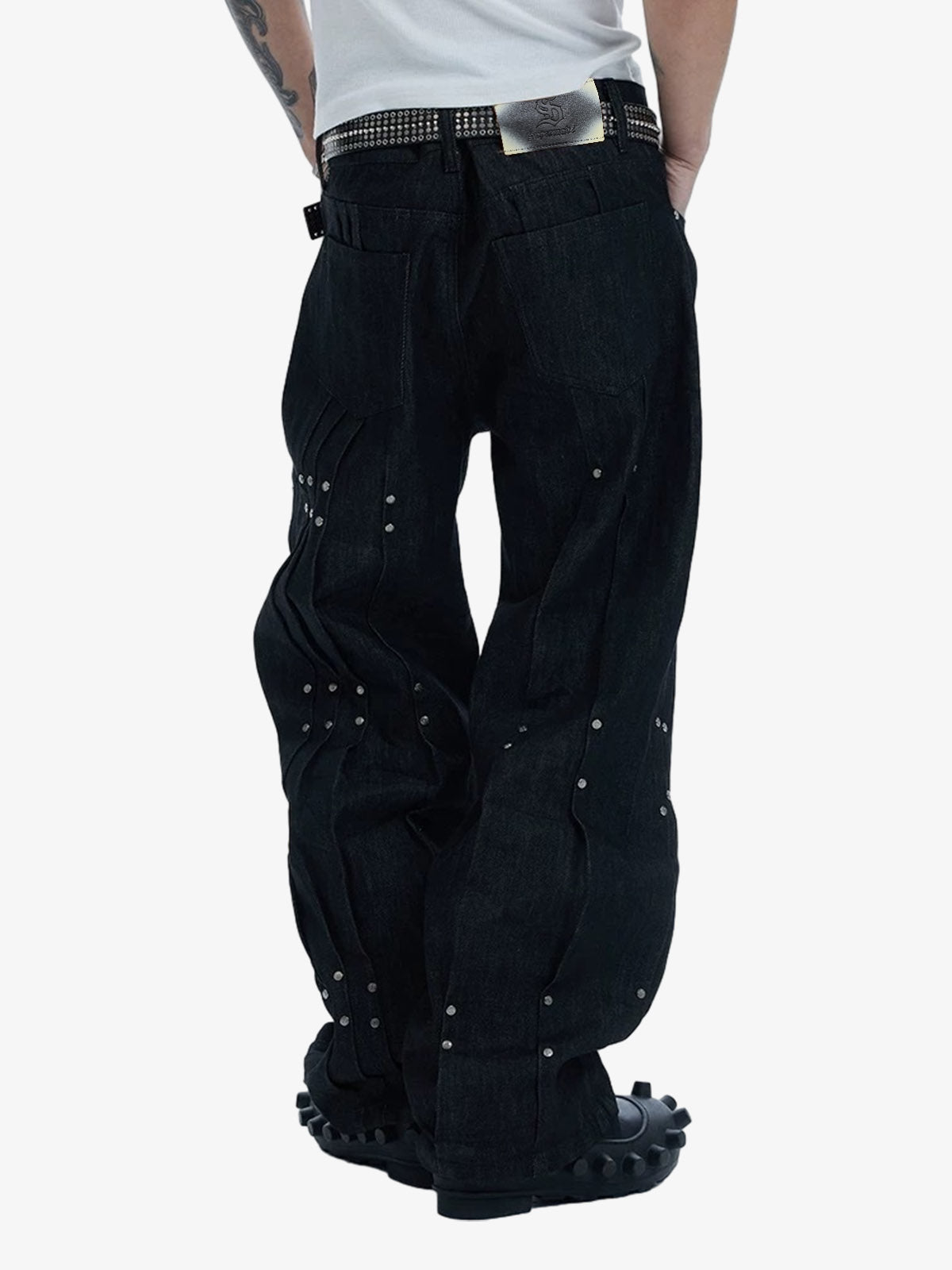Studded Pleat Wide Leg Denim Jeans - 2606
