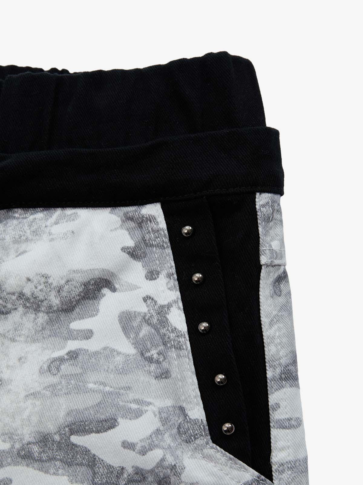 Camo Embroidered Double Waist Lace-Up Wide Leg Cargo Pants - 2599