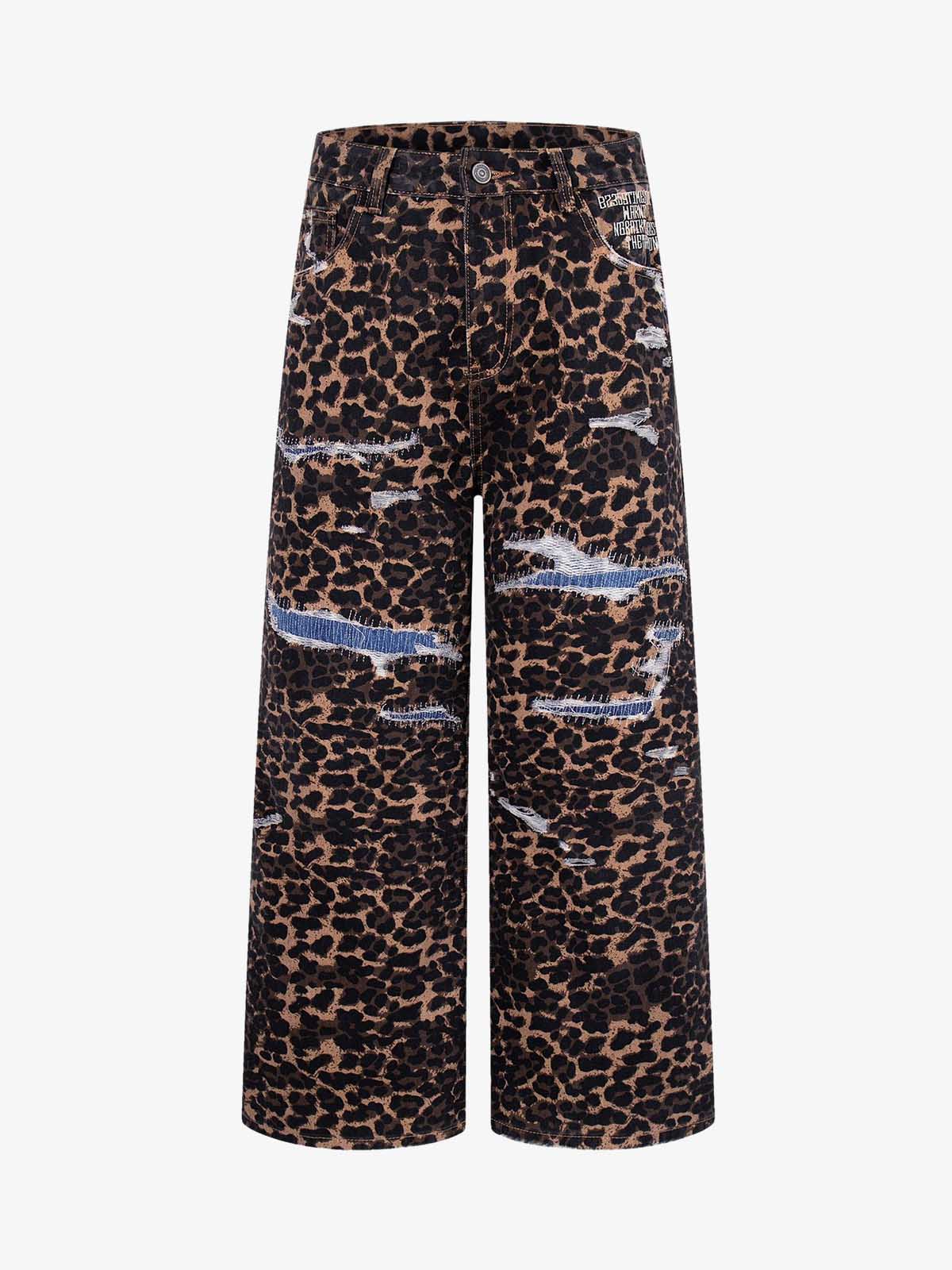 Bold Leopard Print Distressed Wide-Leg Jeans