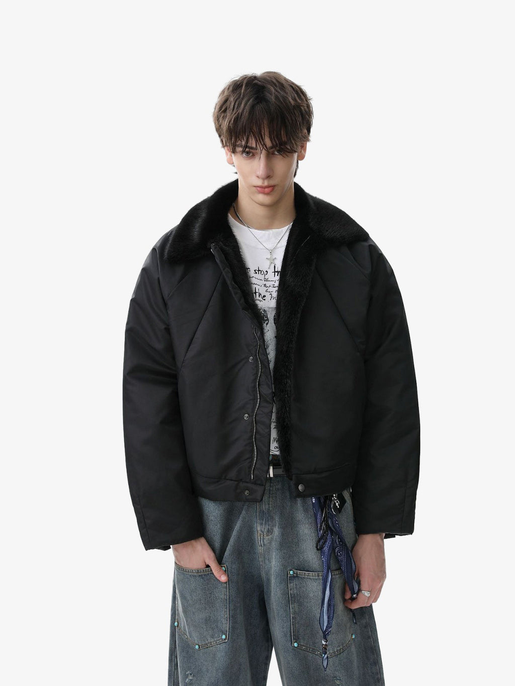 Deconstructed Patchwork Fur Collar Bomber Jacket