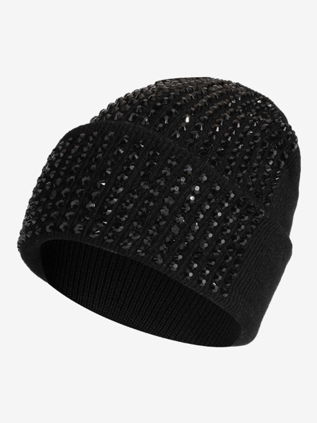 Rhinestone Embellished Ribbed Knit Beanie Hat