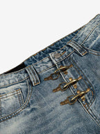 Washed Metal Hook Front Design Barrel Jeans