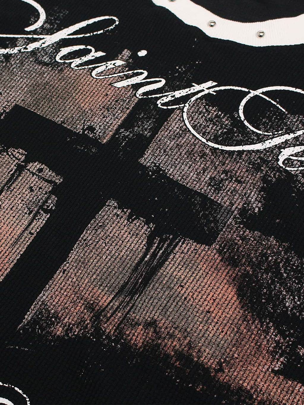 Gothic Cross Print Studded Collar Waffle Knit Graphic T-Shirt