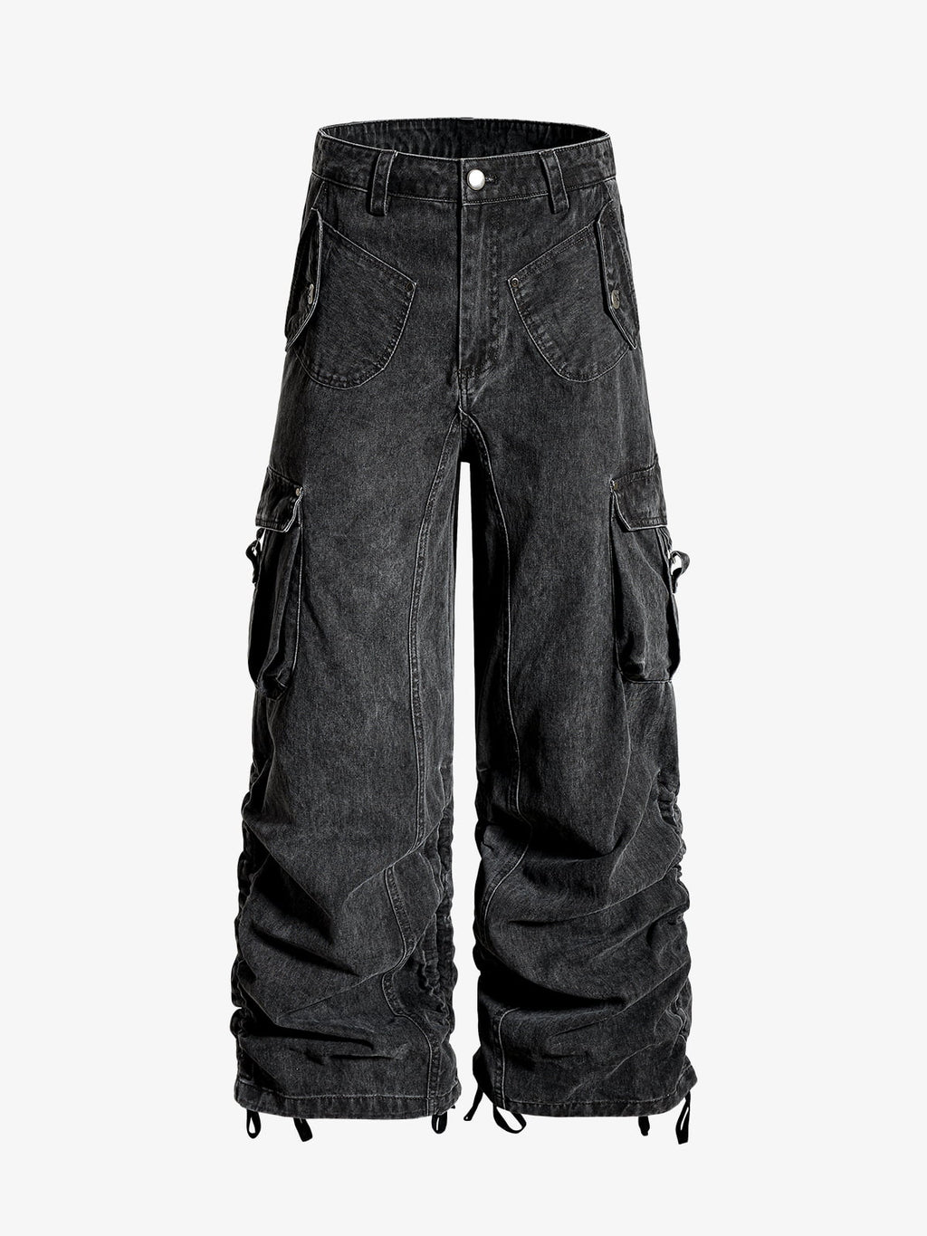 Washed Cotton Multi-Pocket Ruched Cargo Pants
