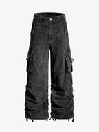 Washed Cotton Multi-Pocket Ruched Cargo Pants