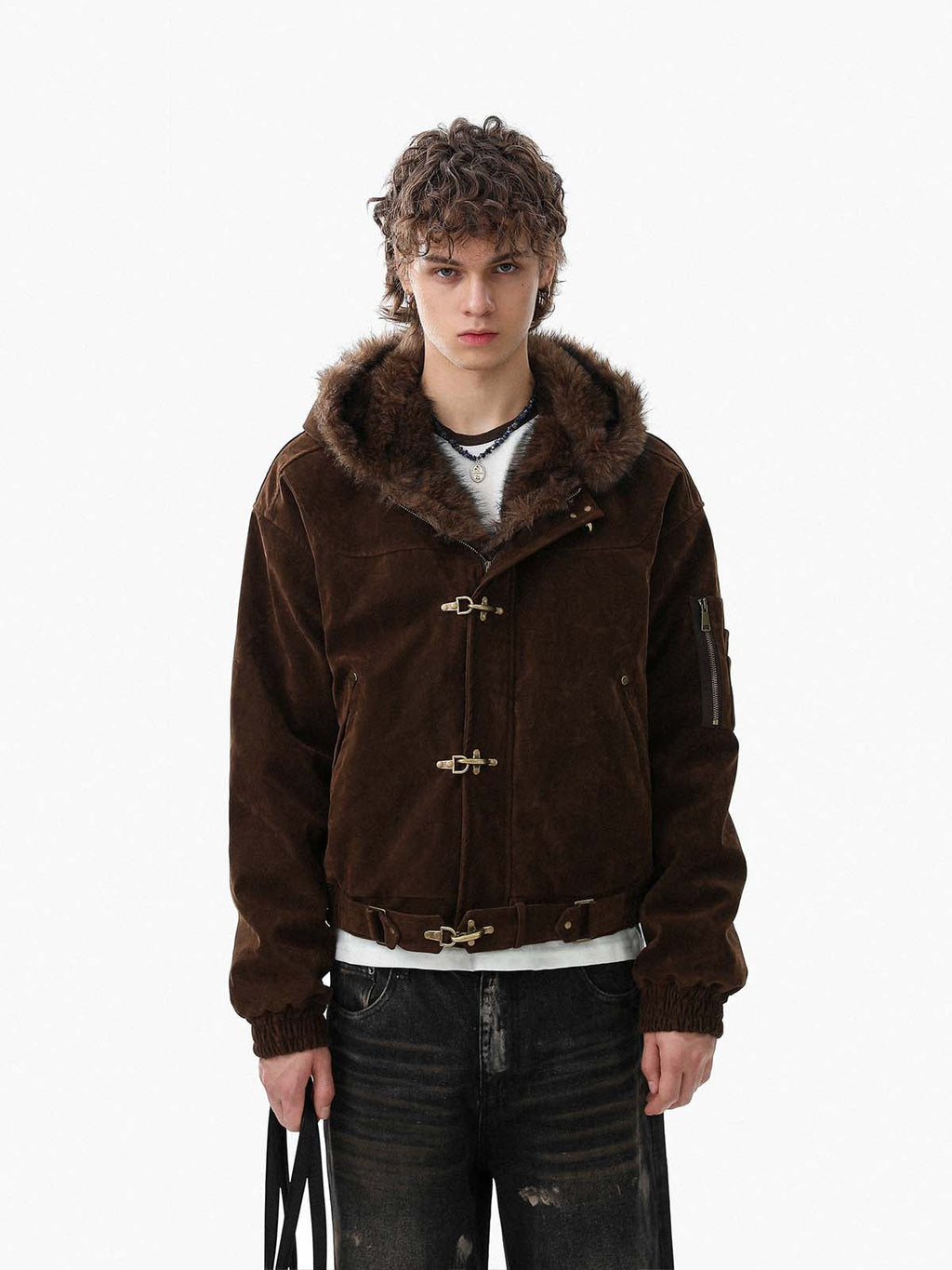 Streetwear Metal Clip Faux Fur Hooded Suede Bomber Jacket - 2597