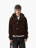 Streetwear Metal Clip Faux Fur Hooded Suede Bomber Jacket - 2597