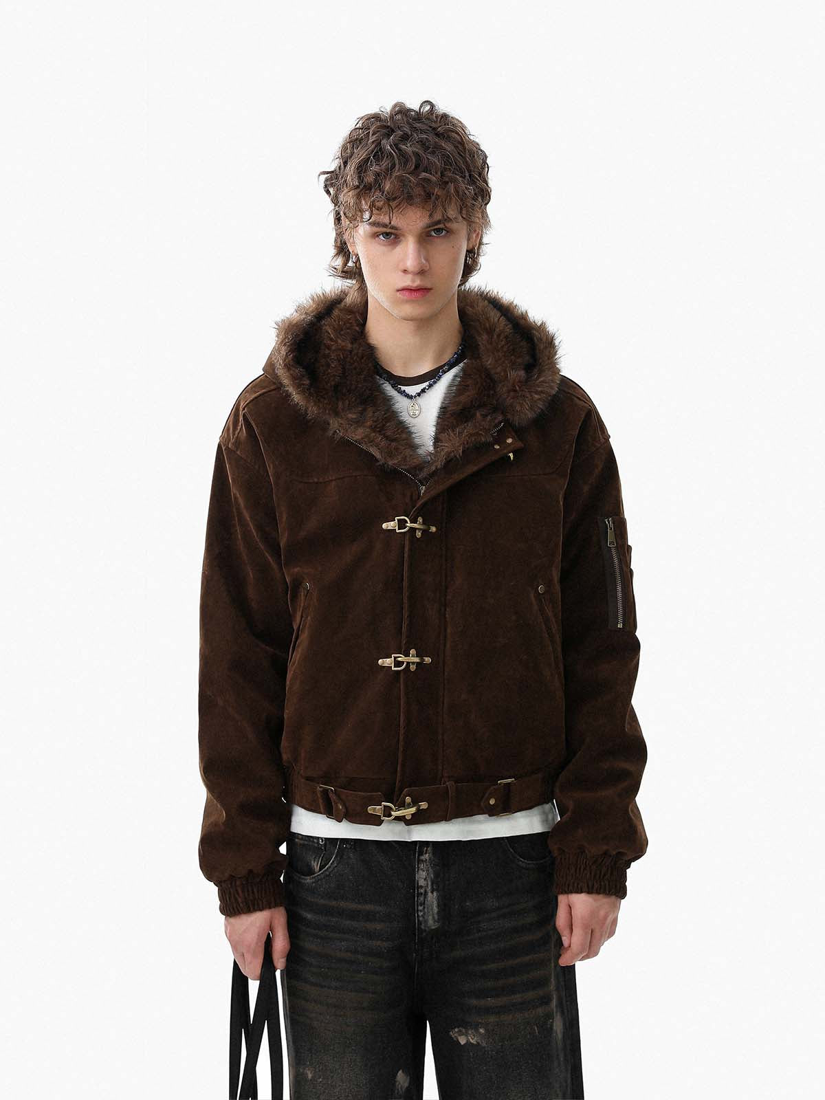 Streetwear Metal Clip Faux Fur Hooded Suede Bomber Jacket - 2597