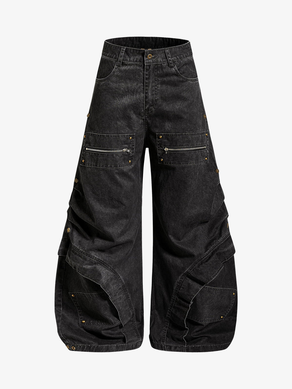 Pleated Panel Curved Leg Cargo Cotton Pants