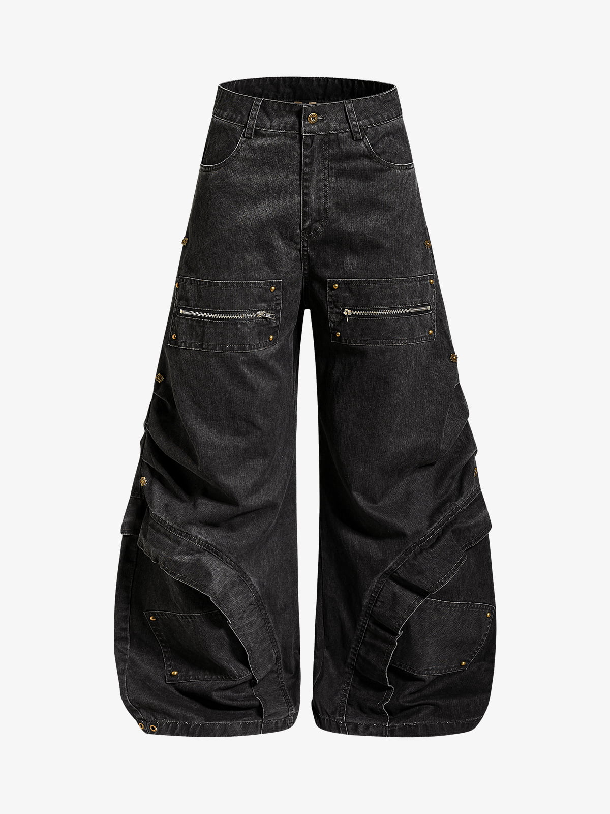 Pleated Panel Curved Leg Cargo Cotton Pants